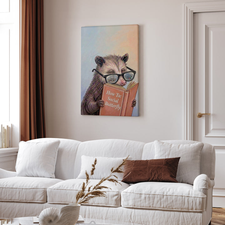 "How To Social Butterfly" - Opossum Vertical Canvas - Animal Book Humor Wall Art
