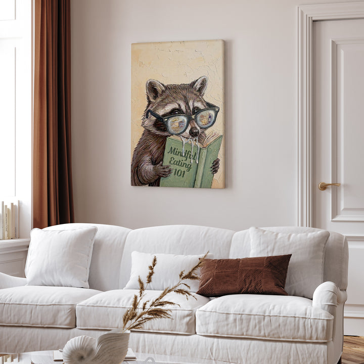 "Mindful Eating" - Raccoon Vertical Canvas - Animal Book Humor Wall Art