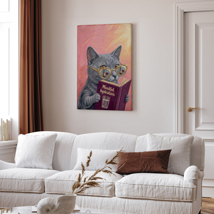 "Mindful Hydration" - Cat Vertical Canvas - Animal Book Humor Wall Art
