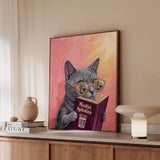 "Mindful Hydration" - Cat Vertical Framed Canvas - Animal Book Humor Wall Art