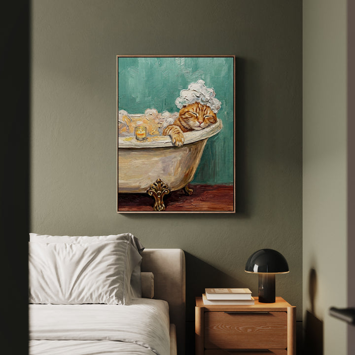 "Spa Day" - Orange Ginger Tabby Vertical Framed Canvas - Cat Lover Wall Art