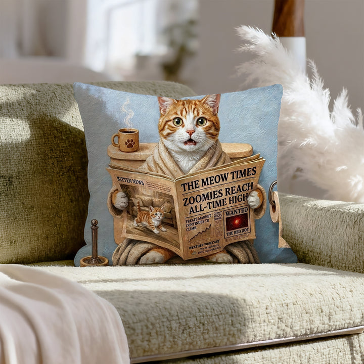 "Morning Business" - Orange & White Tabby Throw Pillow - Cat Lover Home Decor