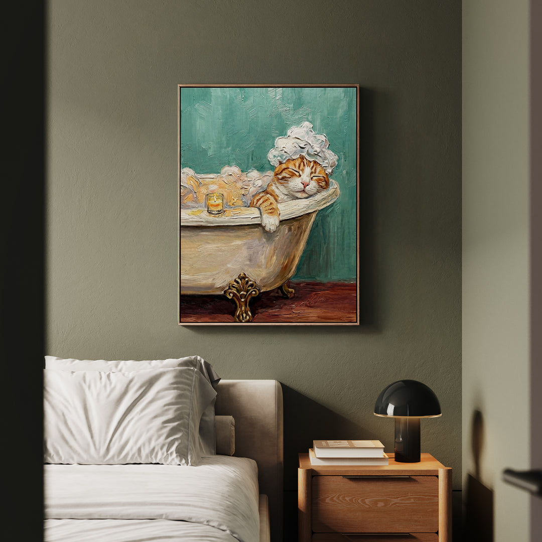 "Spa Day" - Orange & White Tabby Vertical Framed Canvas - Cat Lover Wall Art