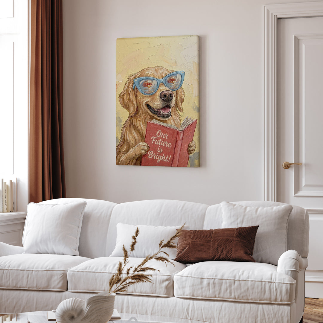 "Our Future is Bright" - Golden Retriever Vertical Canvas - Animal Book Humor Wall Art
