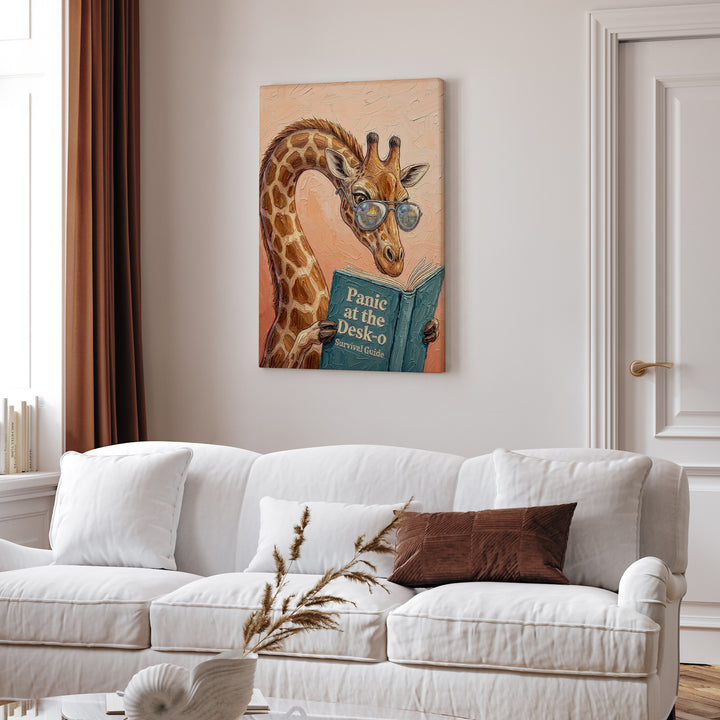 "Panic at the Desk O" - Giraffe Vertical Canvas - Animal Book Humor Wall Art