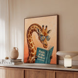 "Panic at the Desk O" - Giraffe Vertical Framed Canvas - Animal Book Humor Wall Art