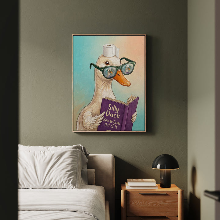 "Silly Duck" - Duck Vertical Framed Canvas - Animal Book Humor Wall Art