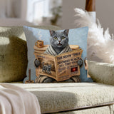 "Morning Business" - Solid Grey Throw Pillow - Cat Lover Home Decor