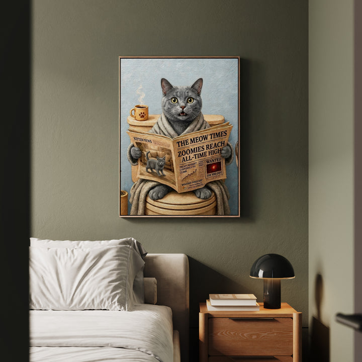 "Morning Business" - Solid Grey Vertical Framed Canvas - Cat Lover Wall Art