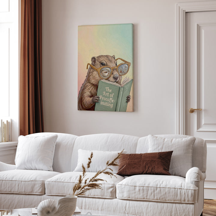"The Art of Procaffeinating" - Marmot Vertical Canvas - Animal Book Humor Wall Art