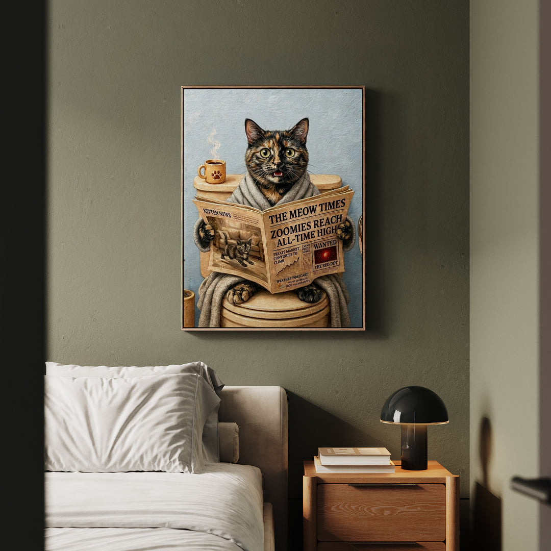 "Morning Business" - Tortoiseshell Vertical Framed Canvas - Cat Lover Wall Art
