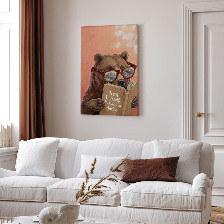 "Treat Yourself" - Bear Vertical Canvas - Animal Book Humor Wall Art
