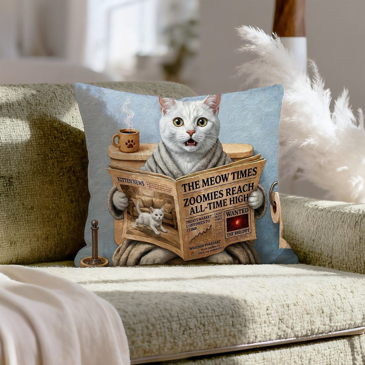 "Morning Business" - White Shorthair Throw Pillow - Cat Lover Home Decor