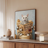"Morning Business" - White Shorthair Vertical Framed Canvas - Cat Lover Wall Art