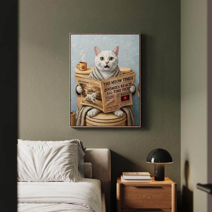 "Morning Business" - White Shorthair Vertical Framed Canvas - Cat Lover Wall Art