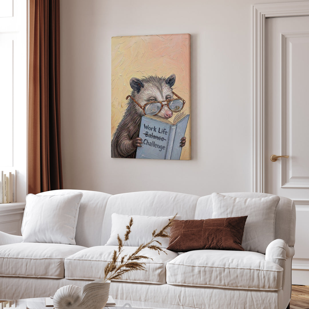 "Work Life Challange" - Opossum Vertical Canvas - Animal Book Humor Wall Art