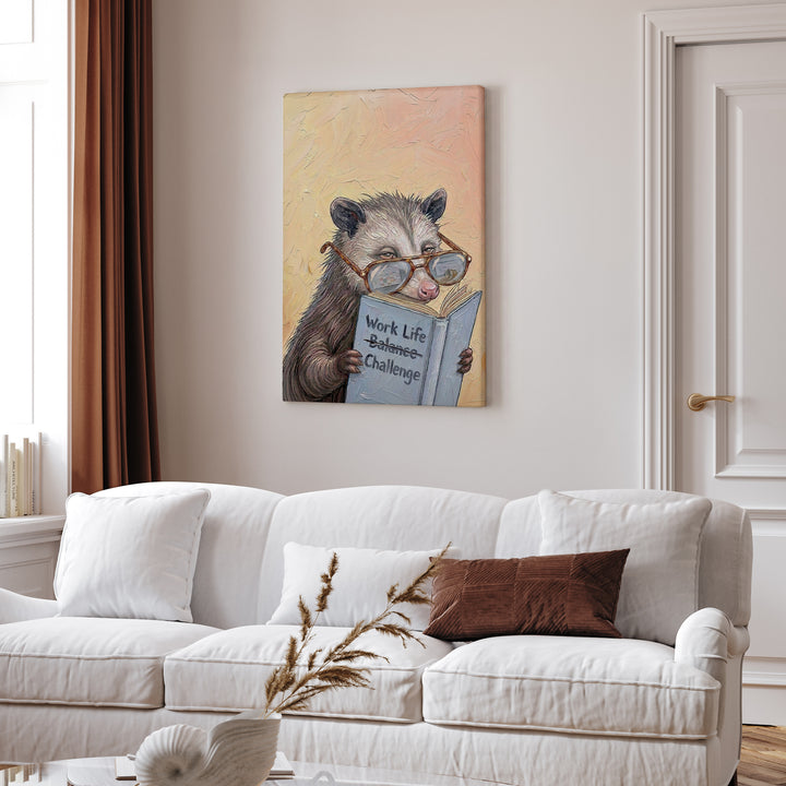 "Work Life Challange" - Opossum Vertical Canvas - Animal Book Humor Wall Art