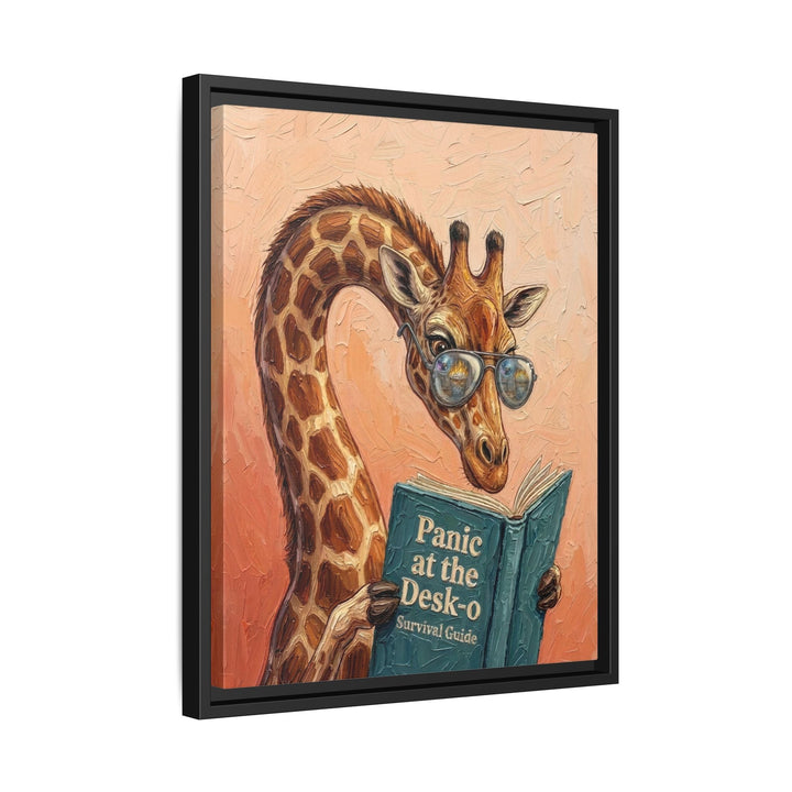 "Panic at the Desk O" - Giraffe Vertical Framed Canvas - Animal Book Humor Wall Art