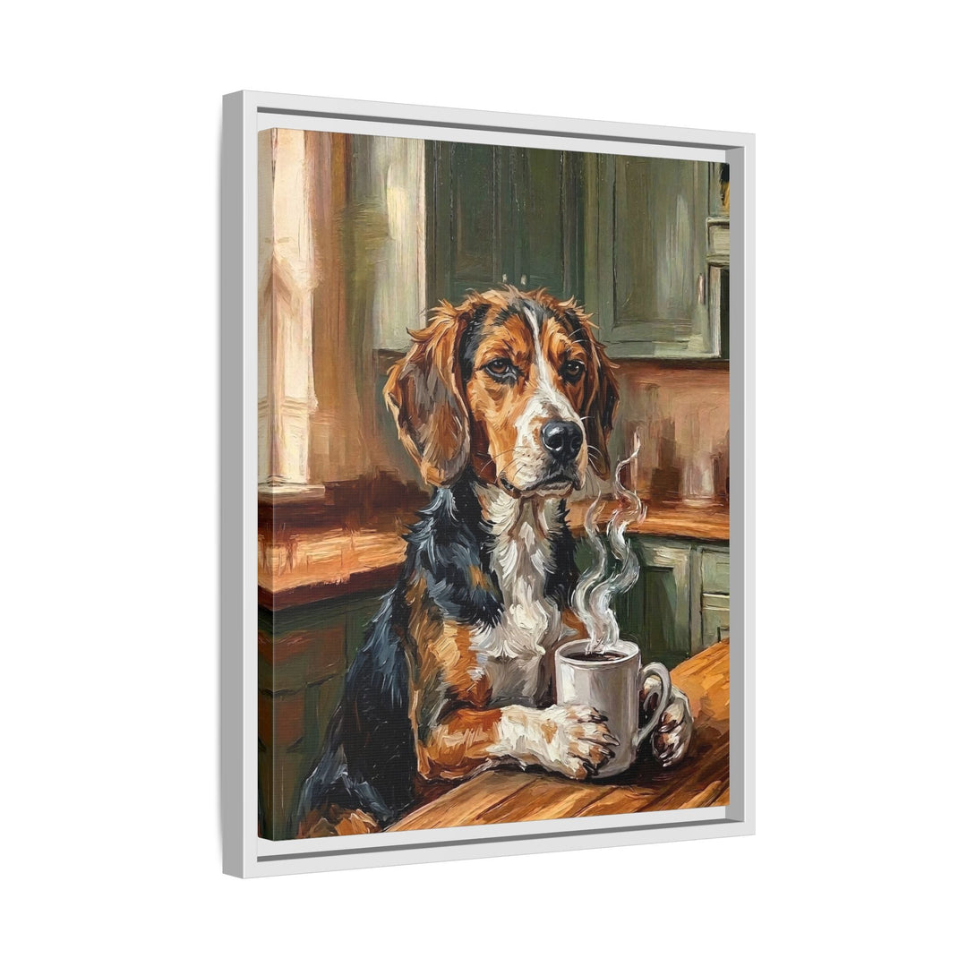 "Before Coffee" - Beagle Vertical Framed Canvas - Dog Lover Wall Art