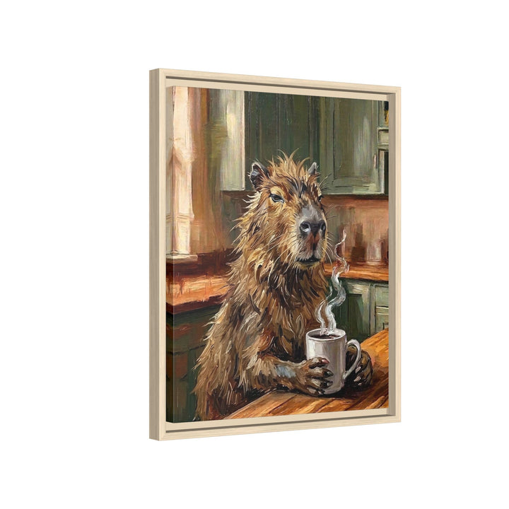 "Coffee & Silence" - Capybara Vertical Framed Canvas - Spirit Animal Wall Art