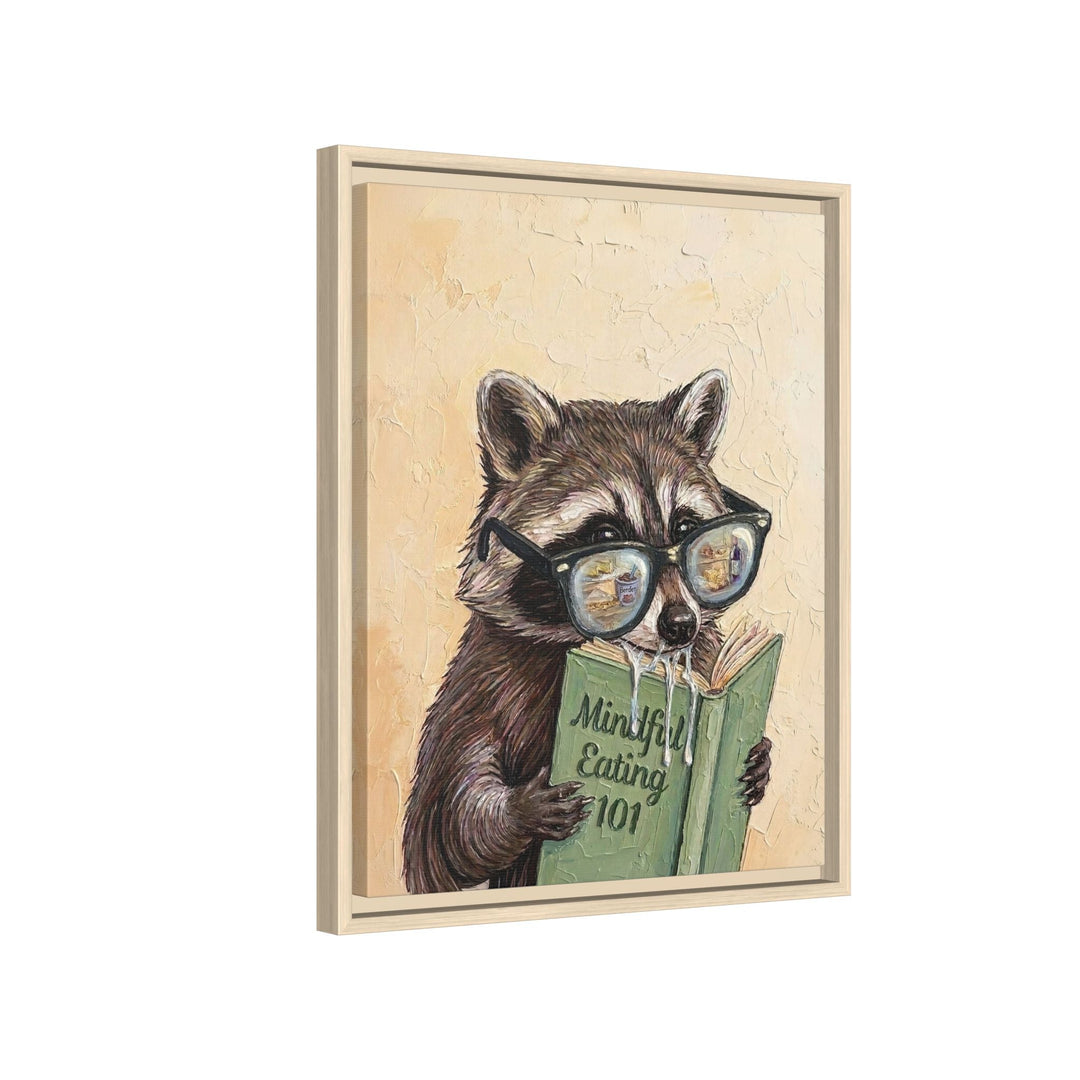 "Mindful Eating" - Raccoon Vertical Framed Canvas - Animal Book Humor Wall Art