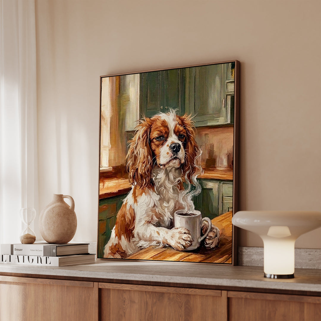 Cavalier King Charles Before Coffee Framed Canvas