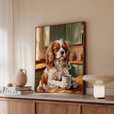 "Before Coffee" - Cavalier King Charles Vertical Framed Canvas - Dog Lover Wall Art