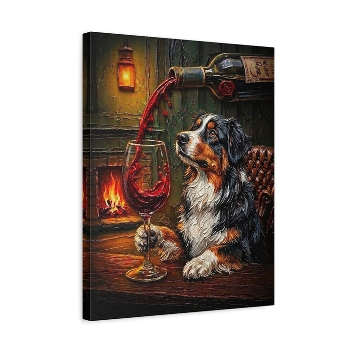 "Wine & Woof" - Australian Shepherd Vertical Canvas - Dog Lover Wall Art