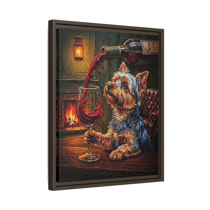 "Wine & Woof" - Yorkie Vertical Framed Canvas - Dog Lover Wall Art