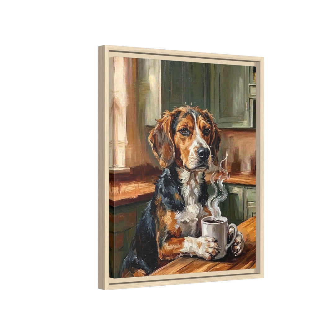"Before Coffee" - Beagle Vertical Framed Canvas - Dog Lover Wall Art