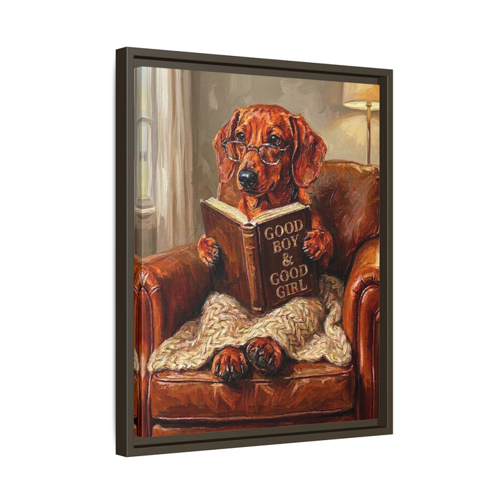 "Evening Read" - Dachshund Vertical Framed Canvas - Dog Lover Wall Art
