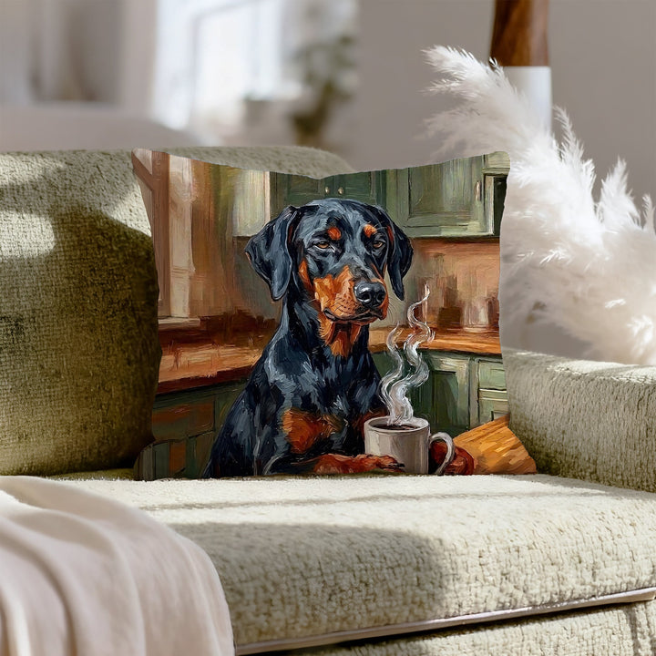 "Before Coffee" - Doberman Throw Pillow - Dog Lover Home Decor