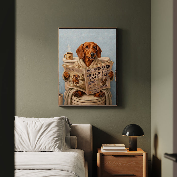 "Morning Business" - Dachshund Vertical Framed Canvas - Dog Lover Wall Art