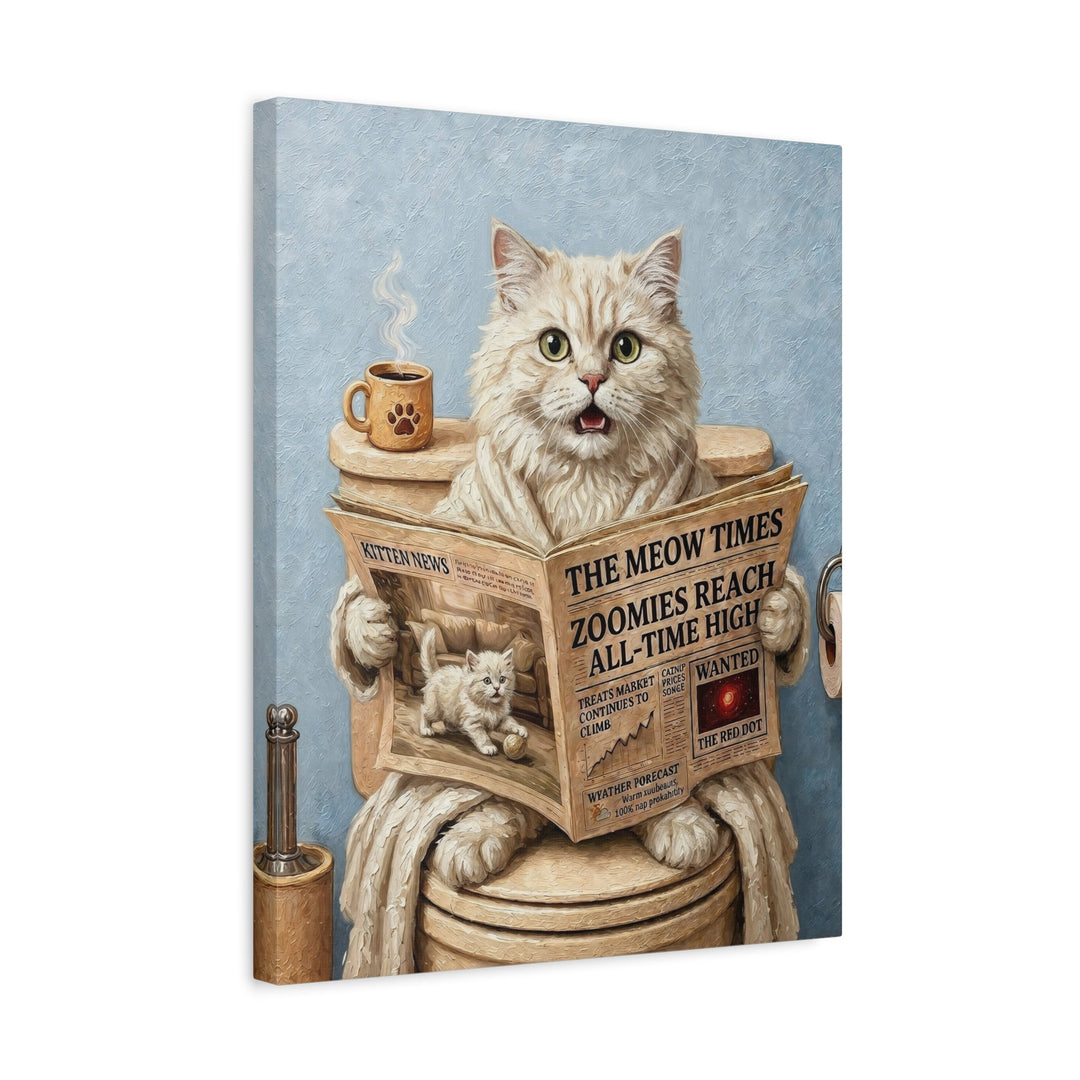 "Morning Business" - Fluffy White Cream Longhair Vertical Canvas - Cat Lover Wall Art