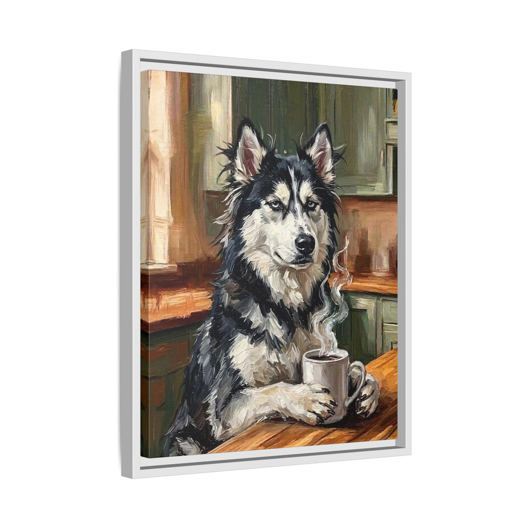 "Before Coffee" - Husky Vertical Framed Canvas - Dog Lover Wall Art