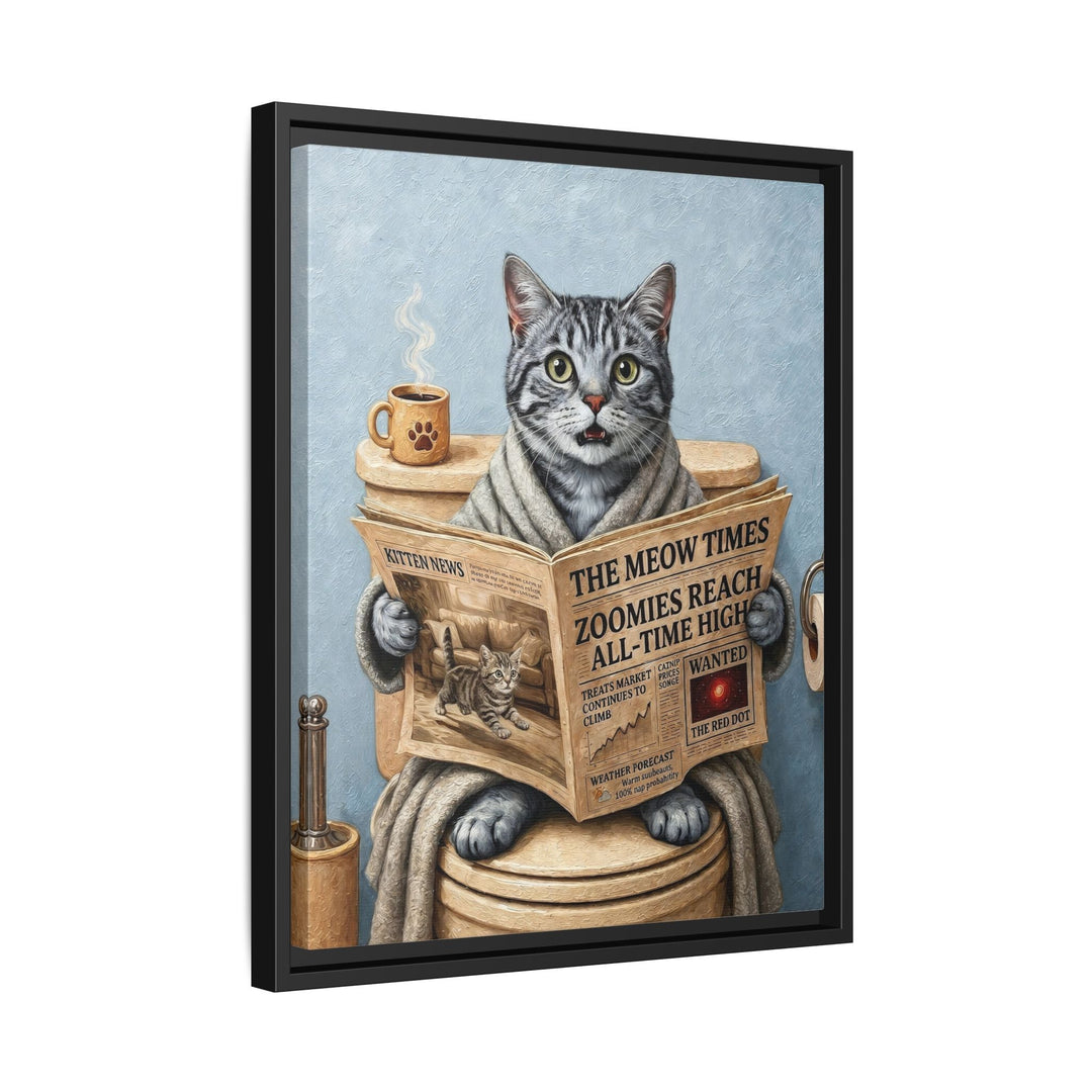 "Morning Business" - Grey Silver Tabby Vertical Framed Canvas - Cat Lover Wall Art