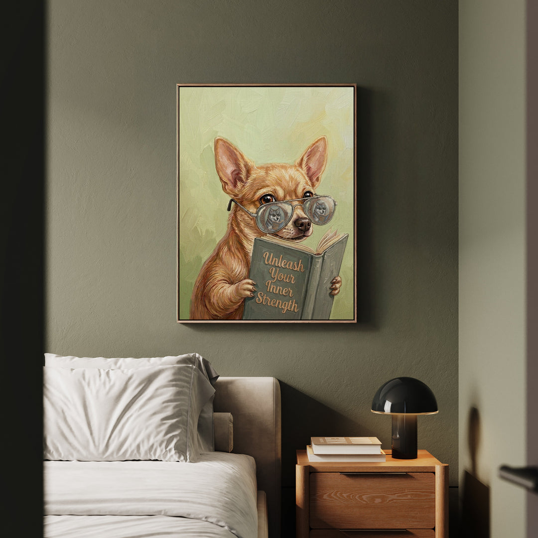 "Unleash Your Inner Strength" - Chihuahua Vertical Framed Canvas - Animal Book Humor Wall Art