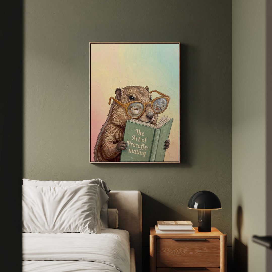 "The Art of Procaffeinating" - Marmot Vertical Framed Canvas - Animal Book Humor Wall Art