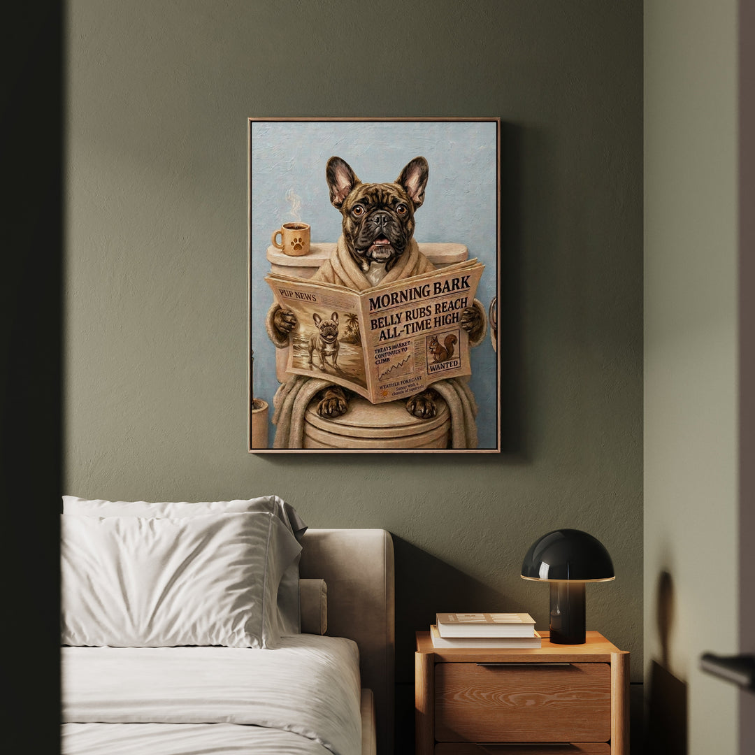 "Morning Business" - French Bulldog Vertical Framed Canvas - Dog Lover Wall Art