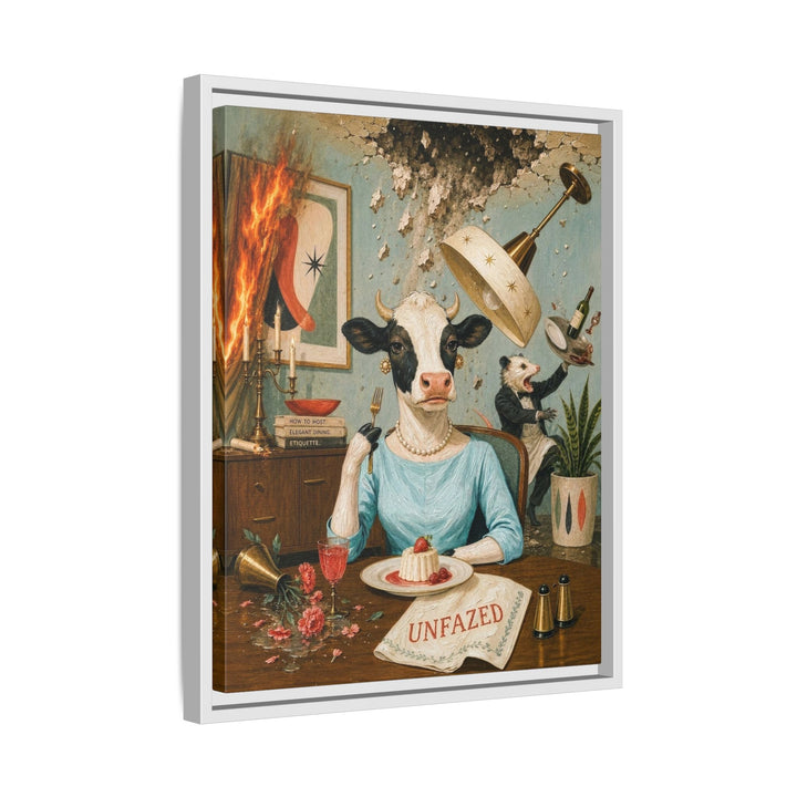 "Unfazed" - Cow Vertical Framed Canvas - Dark Burnout Humor Wall Art