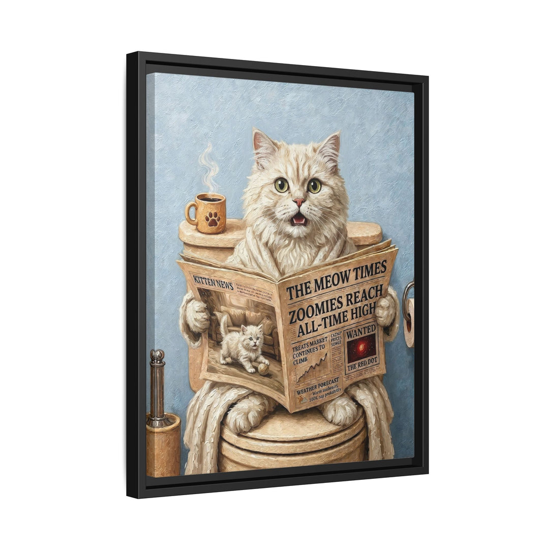 "Morning Business" - Fluffy White Cream Longhair Vertical Framed Canvas - Cat Lover Wall Art