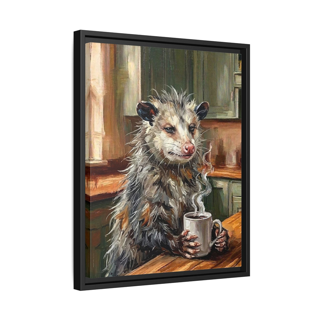 "Coffee & Silence" - Opossum Vertical Framed Canvas - Spirit Animal Wall Art