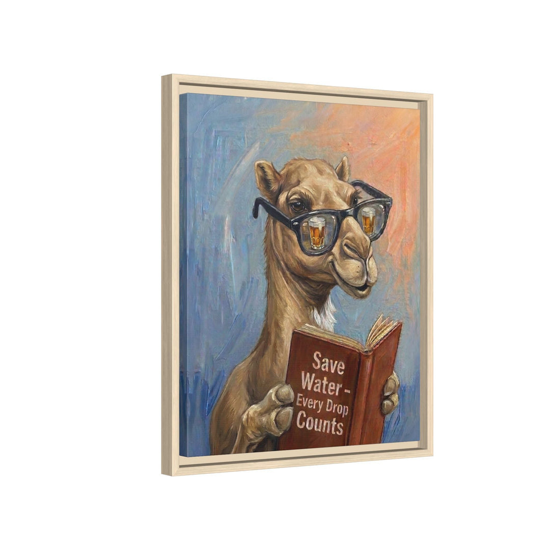 "Save Water" - Camel Vertical Framed Canvas - Animal Book Humor Wall Art