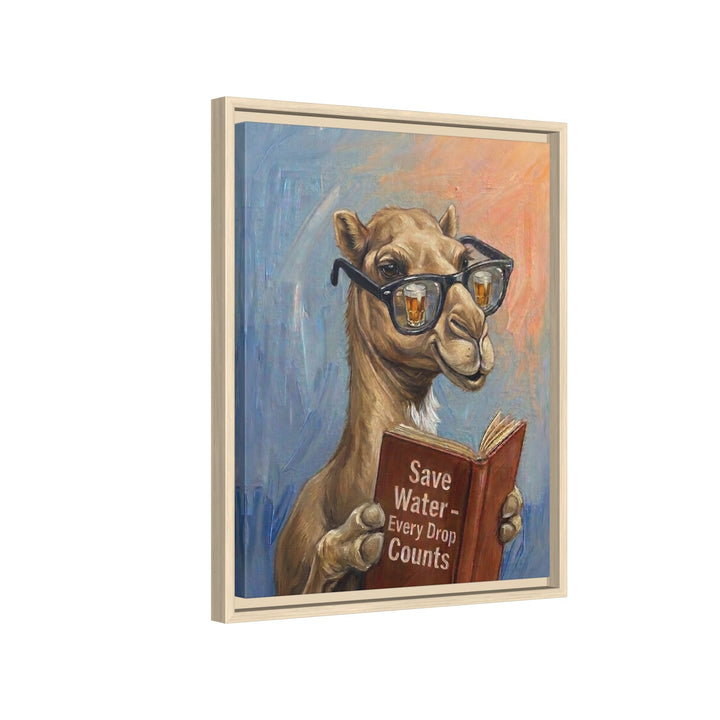 "Save Water" - Camel Vertical Framed Canvas - Animal Book Humor Wall Art