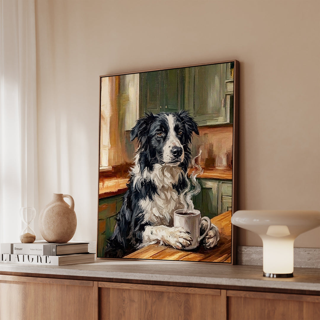 Border Collie Before Coffee Framed Canvas