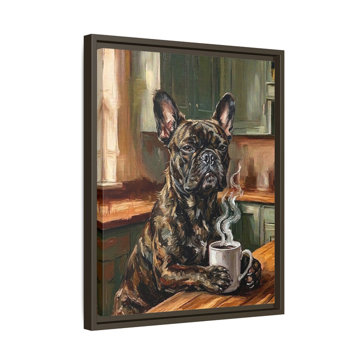 "Before Coffee" - French Bulldog Vertical Framed Canvas - Dog Lover Wall Art