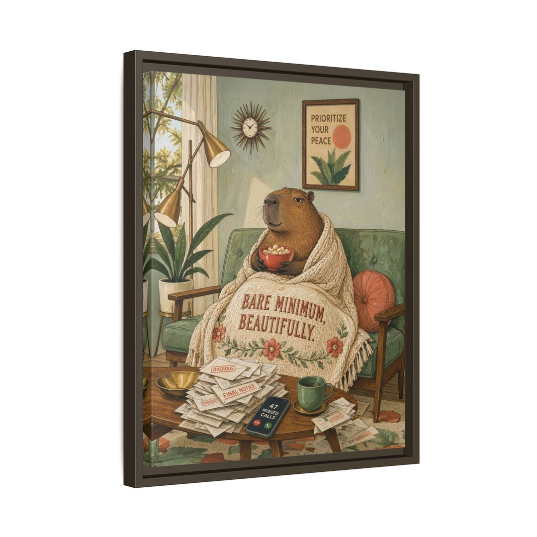 "Bare Minimum" - Capybara Vertical Framed Canvas - Dark Burnout Humor Wall Art
