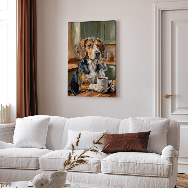 "Before Coffee" - Beagle Vertical Canvas - Dog Lover Wall Art