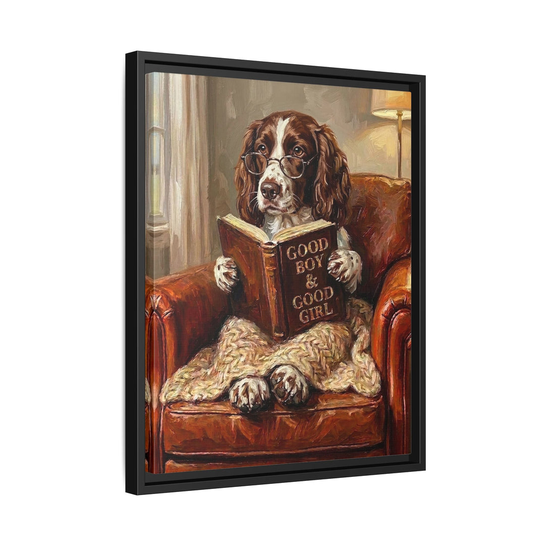 "Evening Read" - English Springer Spaniel Vertical Framed Canvas - Dog Lover Wall Art