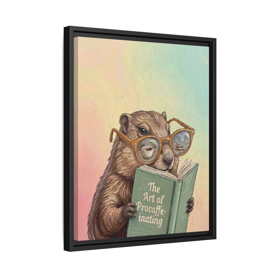 "The Art of Procaffeinating" - Marmot Vertical Framed Canvas - Animal Book Humor Wall Art